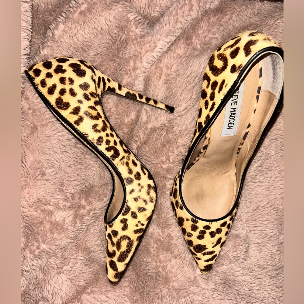 Steve Madden Daisie Leopard Print Leather Calf Fur Womens High Heels Size 7.5 - Picture 3 of 8